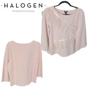 Nordstrom HALOGEN Black Feather Trim Bell Sleeve Bateau Neck Ponte Top Women Med